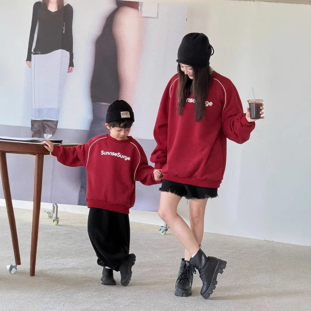 Inverno família grosso sweatshirts mãe pai e filha filho mesmo quente vermelho roupas coreano pai-filho combinando roupas topos