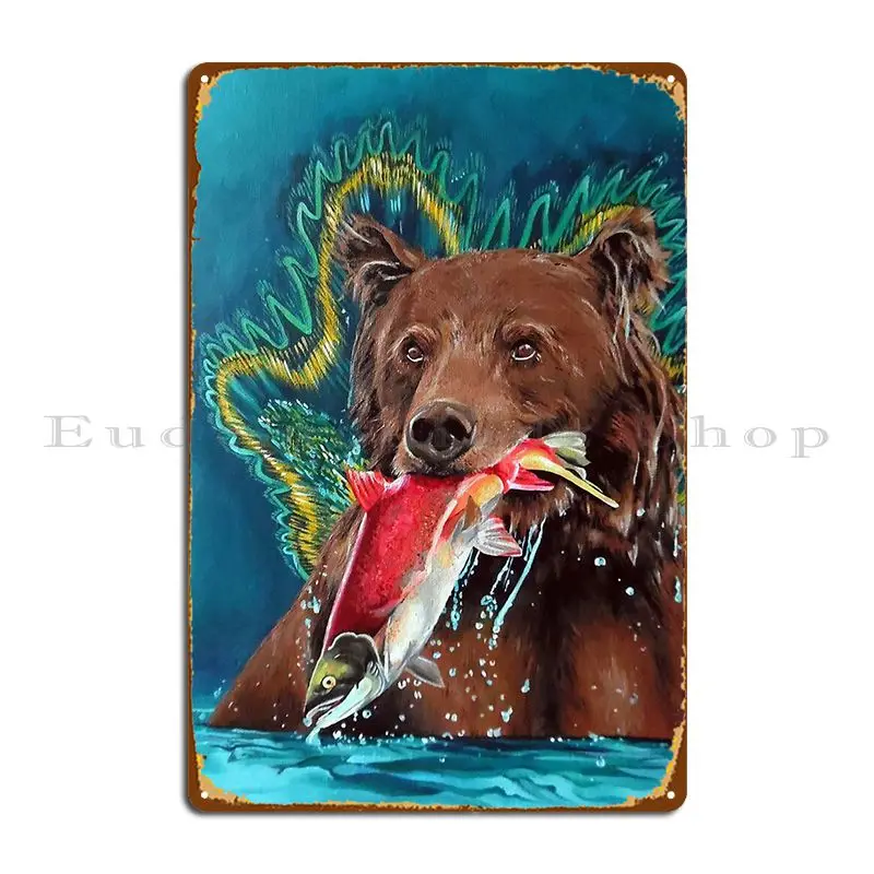 Brown Bear With Salmon Metal Signs Party Customized Mural Wall Decor Design Pub Tin Sign Poster