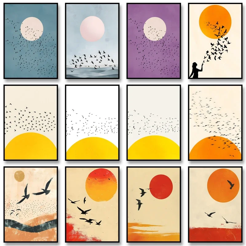 Japanese Minimalist Houndstooth and Sun Canvas Poster Bird Flying Over The Sun Landscape Wall Art Print Picture for Home Decor
