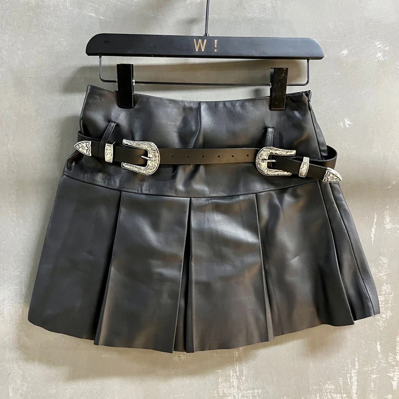 2024 New Black Real Leather Pleated Skirt Fashion High Waist Belt Hot Girl Mini Skirts Imported Lambskin Women Sexy Short Skirts