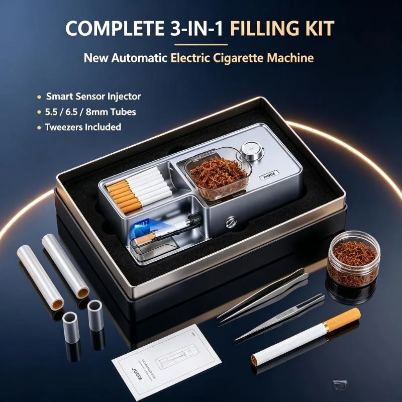 New 3-in-1 Automatic Cigarette Machine Electric Cigarette Smart Sensor Injector Tobacco Filled 5.5/6.5/8mm Round Tube, Tweezers