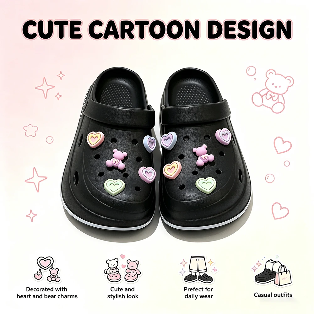 Unisex Lightweight EVA Clogs Cute Black Garden Shoes Slim Leg Design Summer Beach Sandals Home Shower Outdoor Casual Slippers