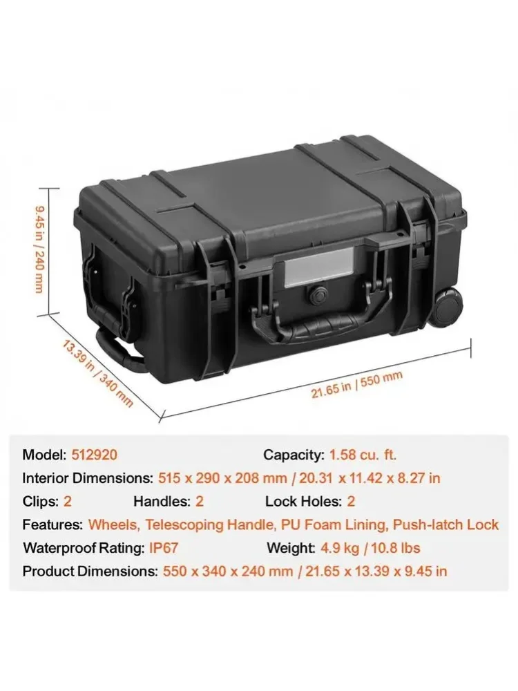 Wetterfester Hartschalenkoffer, Trockenbox mit vorgeschnittenem Schaumstoff, Rollen und ausziehbaren Griffen für Reisen, IP67 wasserdichtes Gehäuse für Kameras, schwarz (55 x 34 x 24 cm)
