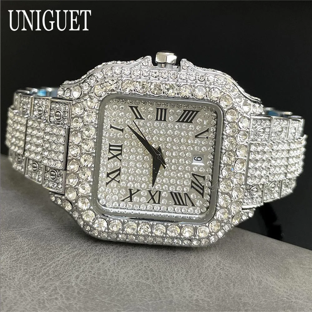 2024 UNIGUET Iced Watch For Men Lxuxry Stainless Steel Quartz Watches Fashion Hip Hop Diamond Square Wristwatch Man Dropshipping