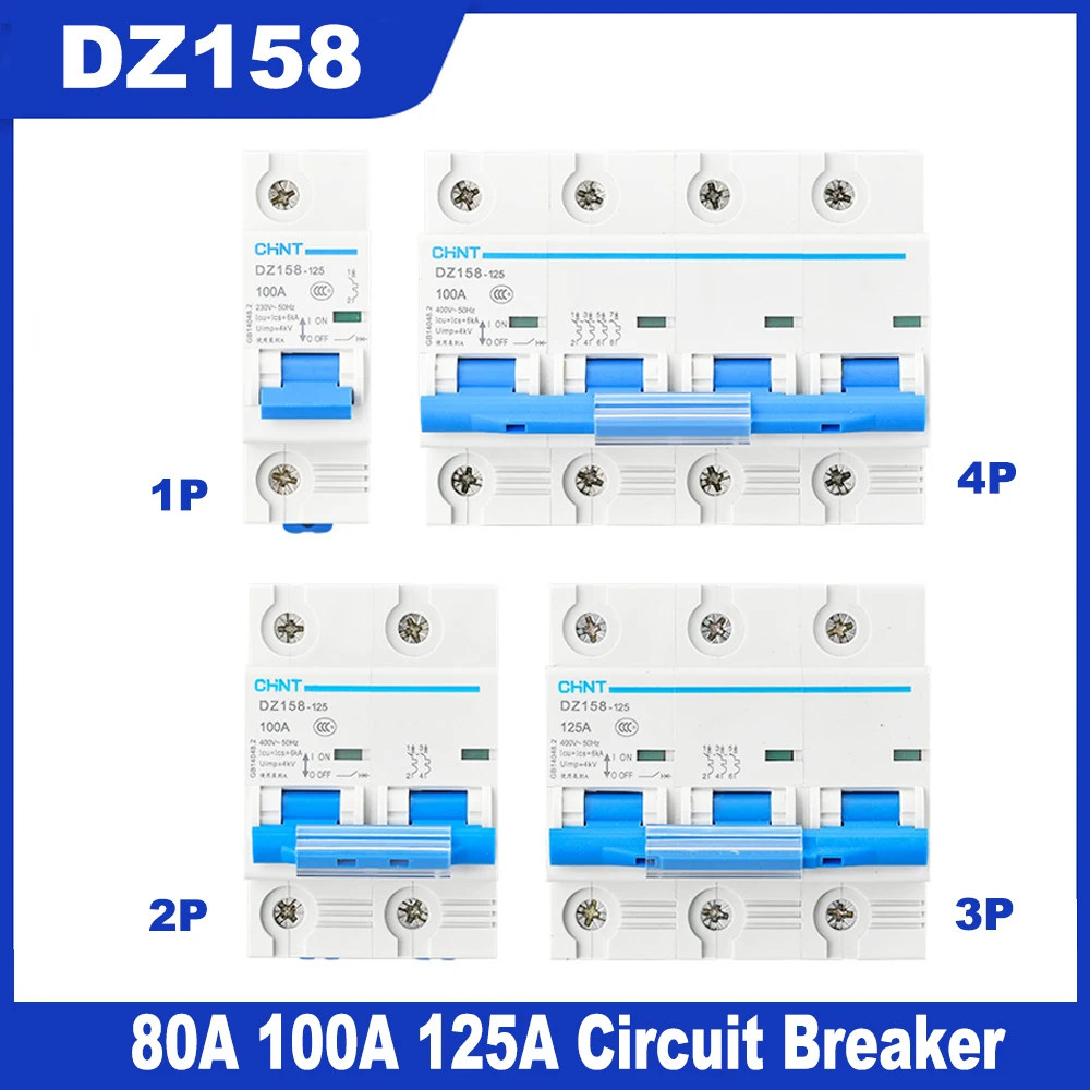 

1/2/3/4P 80/100/125A Miniature Circuit Breaker C Type 6ka DZ158 For Photovoltaic System C Curve Battery Main Switch