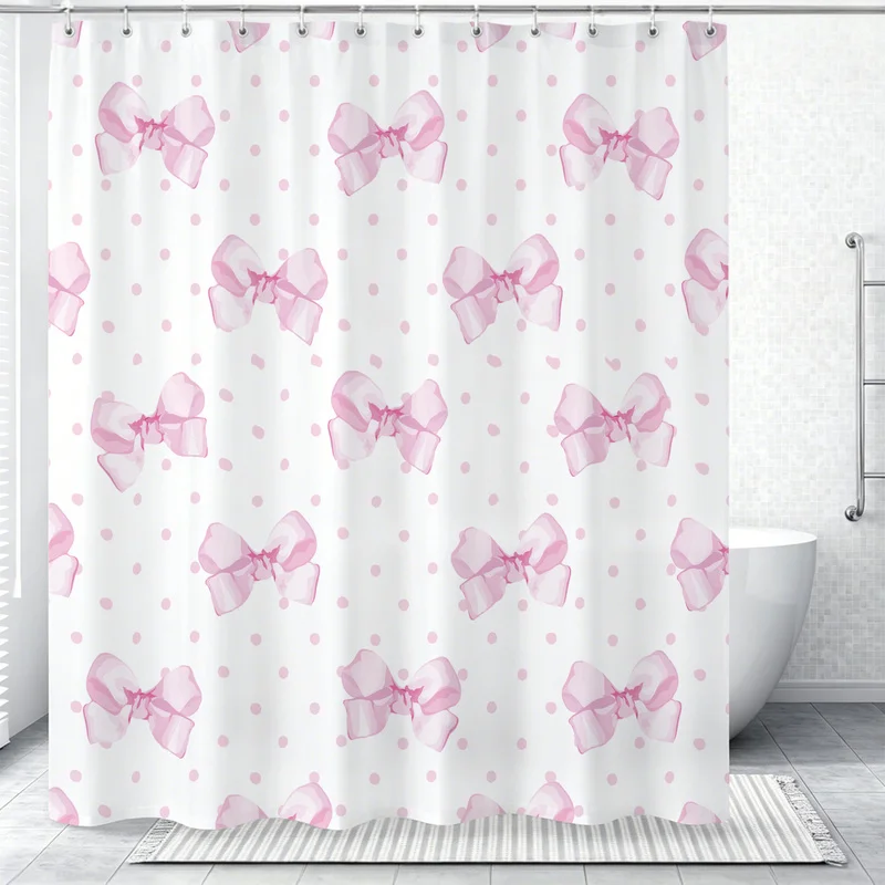 Pink Polka Dot Bow Shower Curtain,Sweet Print Waterproof Bath Curtain,Flexible Fabric Machine Washable,Bathroom Decor For School