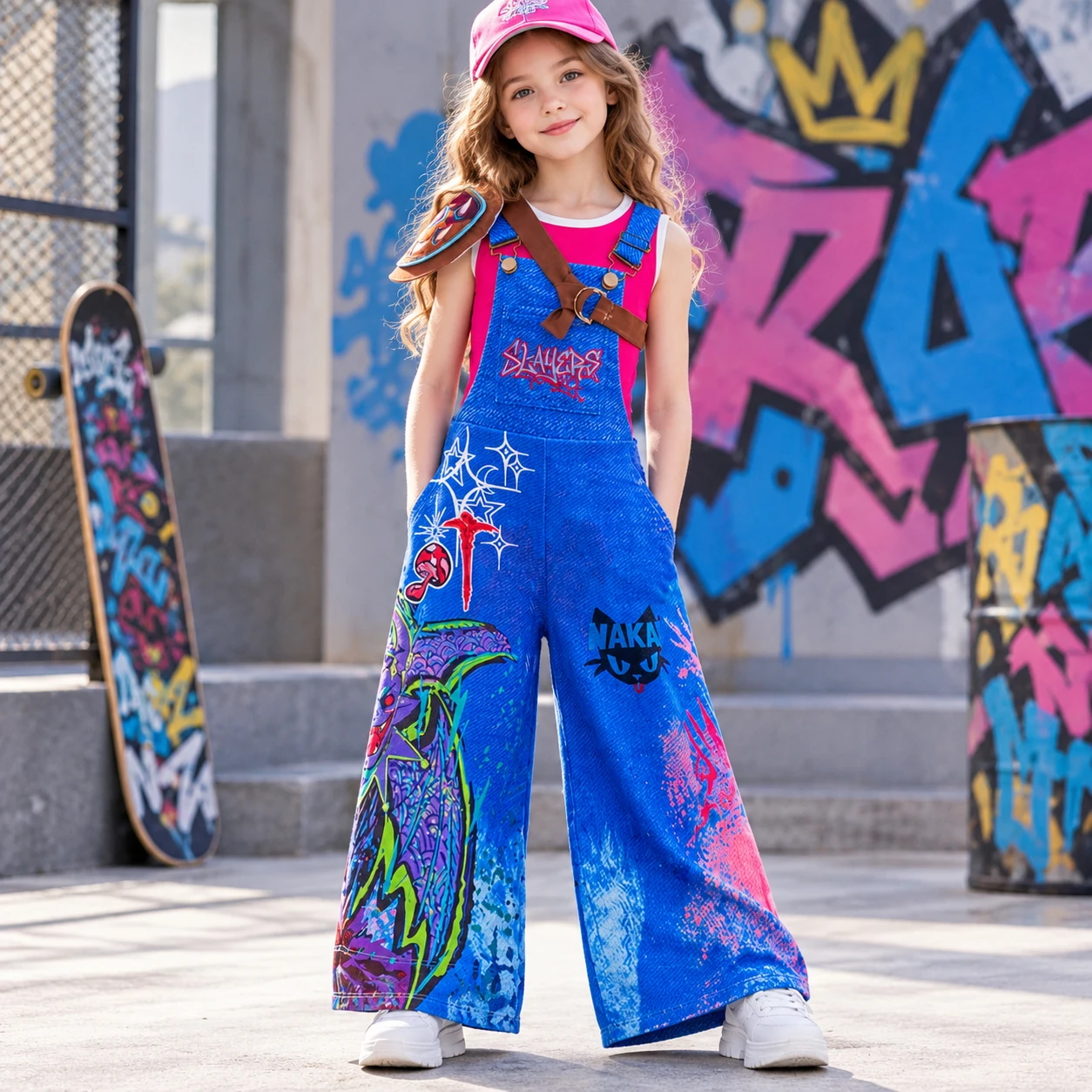 3-10-year-old girls' short sleeved graffiti overalls two-piece set cartoon anime Halloween cosplay costume