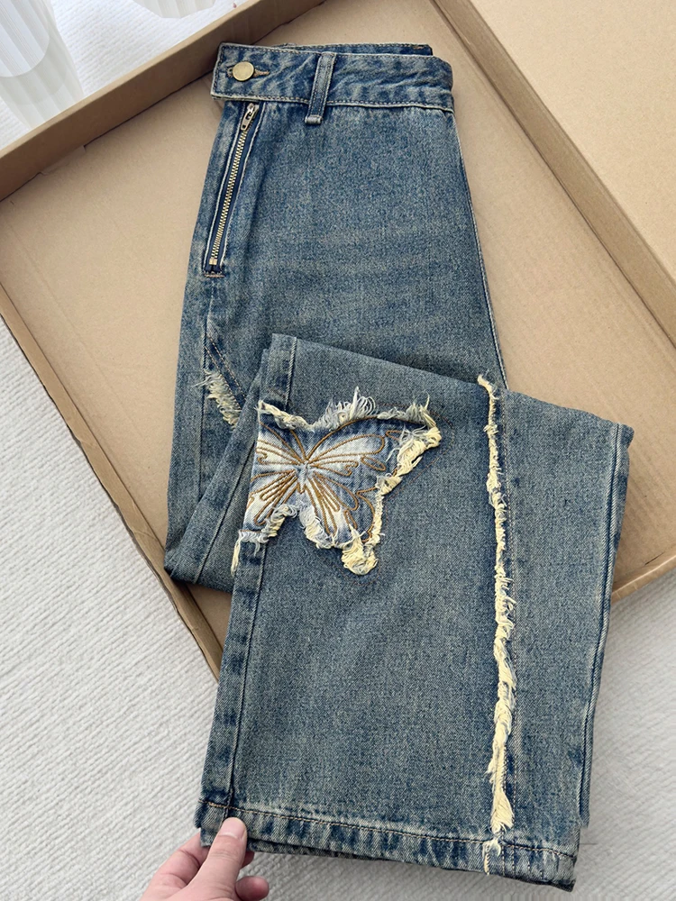 Pantalones vaqueros de mezclilla con cremallera lateral y bordado de cintura alta para mujer, pantalones de pierna ancha hasta el suelo de calle americana para primavera y otoño