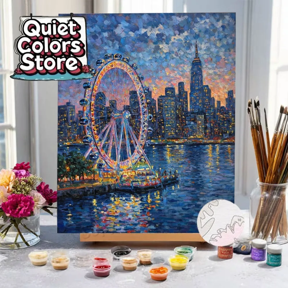 

(Quiet Colors Store)Digital Oil Painting Kit | Beginner 2D Digital Oil Painting New York City Skyline at Dusk with London Eye |