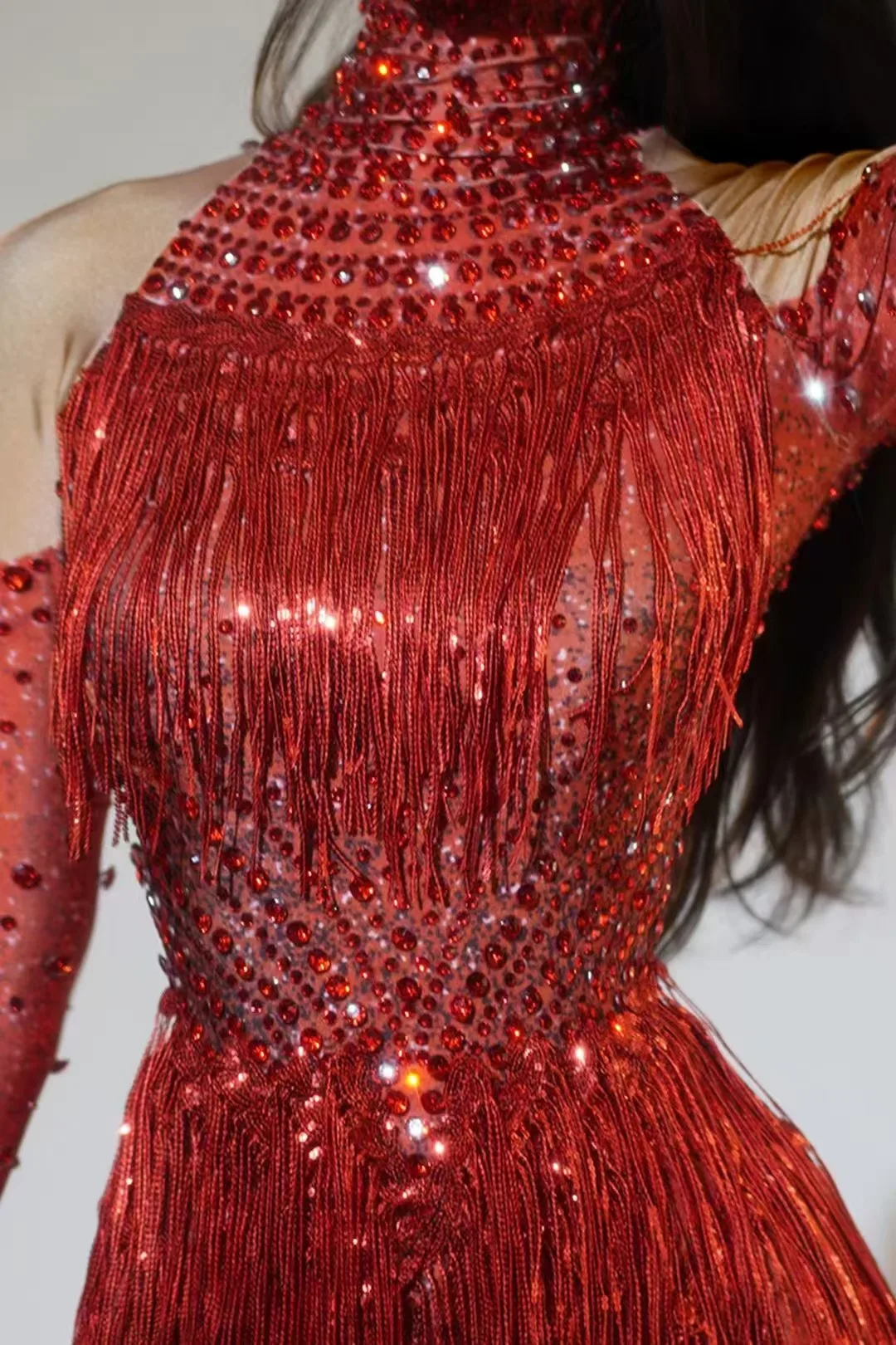 반짝 이는 레드 라인 석 스팽글 술 짧은 긴 소매 바디 슈트 댄스 파티 섹시한 생일 웨딩 파티 댄스 공연 의상