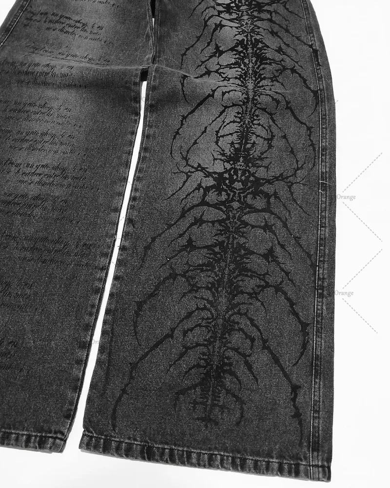 جينز عصري برسومات قوطية داكنة لعام 2025 للرجال الهيب هوب ملابس خروج فضفاضة غير رسمية عالية الخصر سراويل مستقيمة للنساء #4