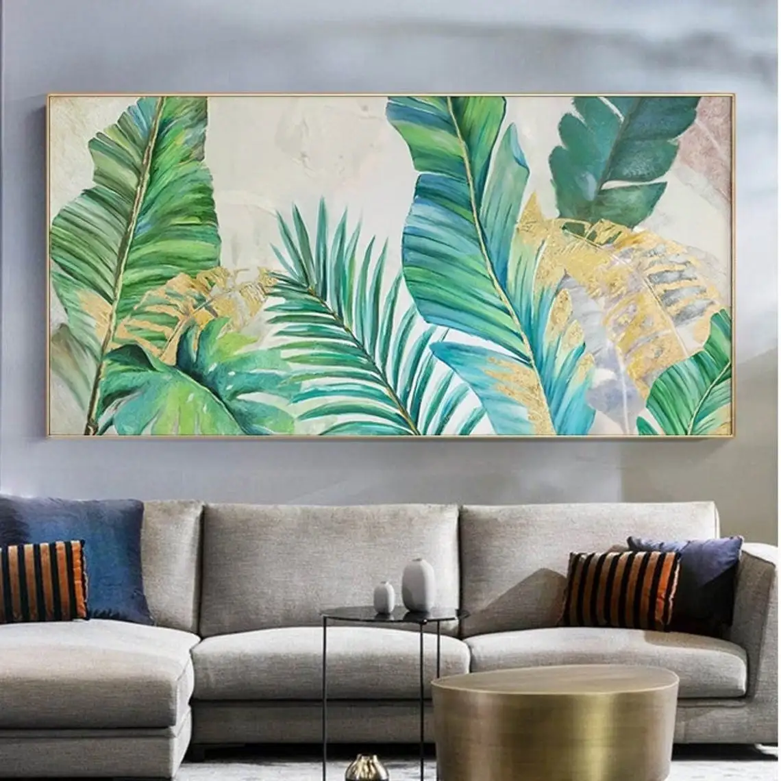 

Large Abstract Green Banana Leaf Oil Painting on Canvas Original Minimalist Gold Texture Acrylic Paintings Living Room Wall Art