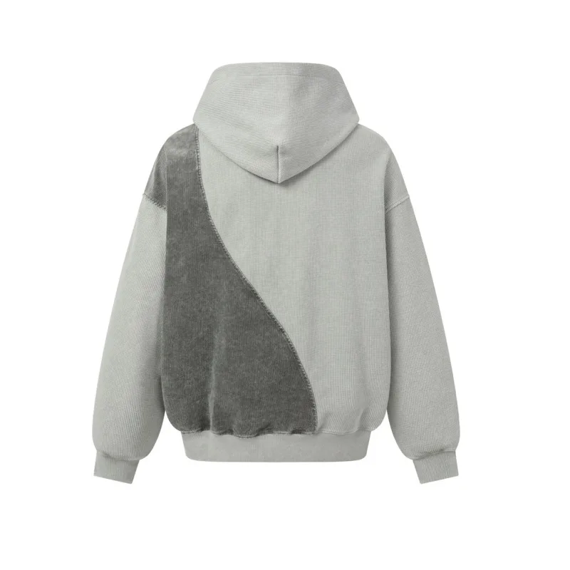 WVGA Spring Autumn New Men American Style Washed Distressed Irregular Patchwork Half-zip Hooded Sweatshirt Niche Knit Top W26903