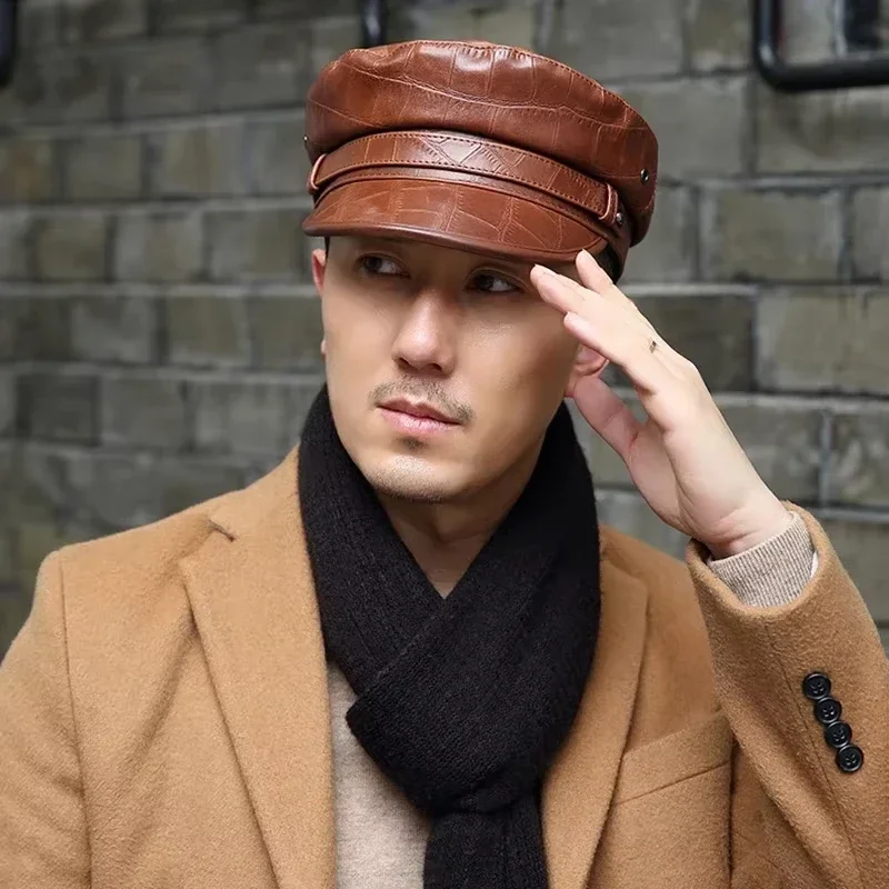 Vintage Flat Top Captain Hat, 100% Sheepskin Leather Military Style, XXL Large Size for Men Women, Rock and Roll