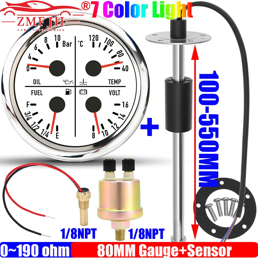 

ZMFJH Marine Boat Yacht Car 80MM Oil Pressure+Water Temperature+Fuel Level Gauge+Voltage 7 Color with Oil Float Sensor 100-550MM