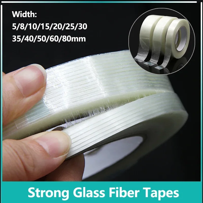 

50m/Roll Strong Glass Fiber Tape 5~ 80mm Industrial Strapping Packaging Fixed Seal Transparent Striped Single Side Adhesive Tape