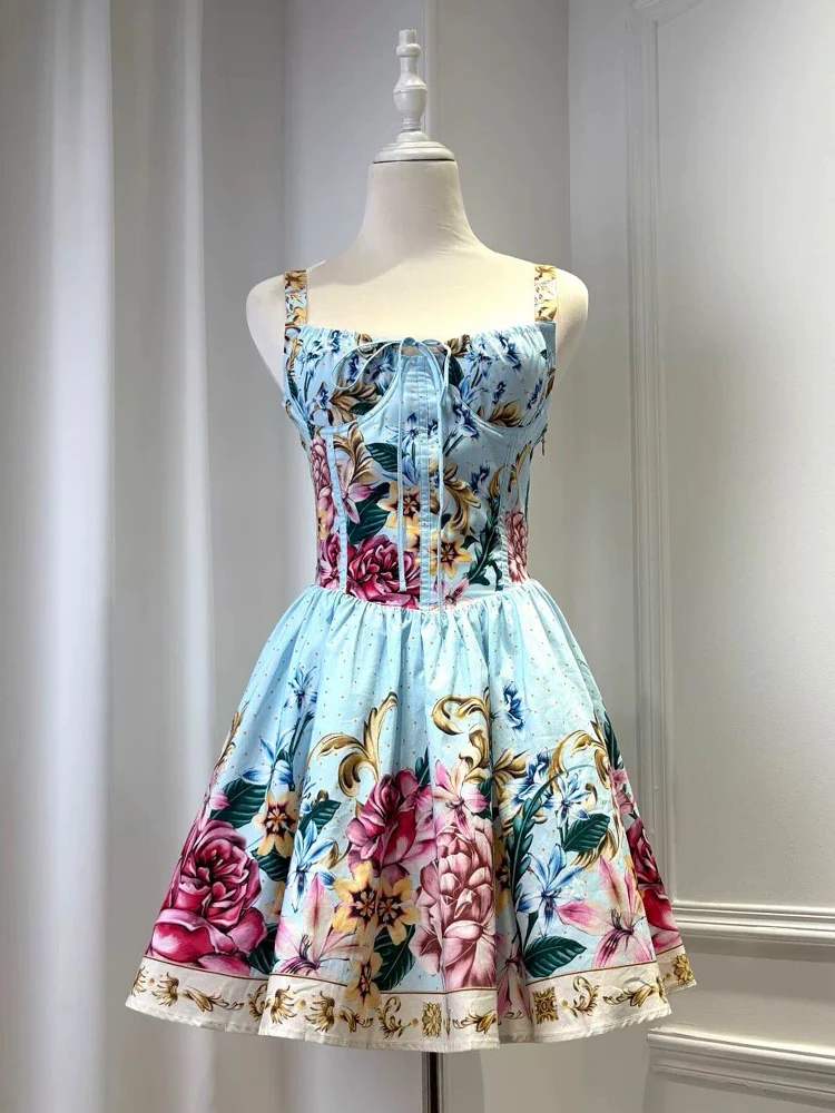 Retro printed drawstring strapless camisole dress for 2026 summer women's fashion, pleated waist cinched A-line short skirt view 3