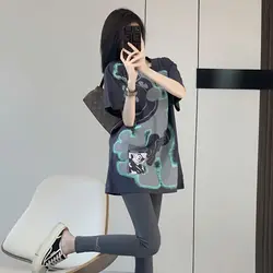 2023 New Summer European Large Edition Loose Casual Mid Length Round Neck Print Fashion Trend Oversize Versatile T-shirt