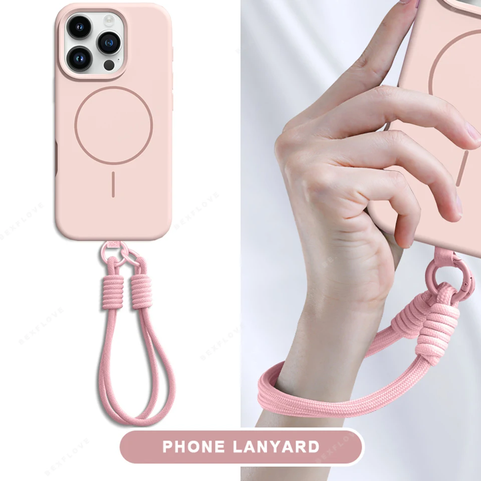 Nuova custodia per telefono con cordino magnetico per iPhone 15 14 16 Plus 11 12 13 16 Pro Max Magsafe protezione cinturino in silicone liquido copertura morbida