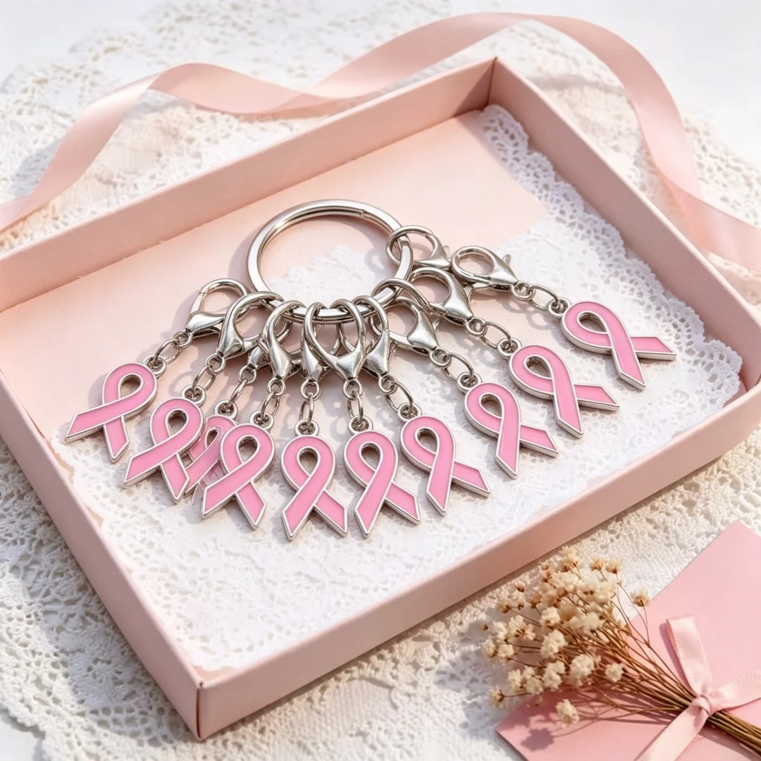 30pcs Pink Ribbon Breast Cancer Prevention and Control Promotional Keychains, Pink Series Keychains