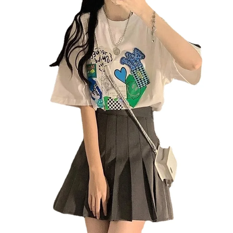 2024 Summer Cool Salt Department Cute Wind Students Wear Suit Gray Mini Pleated Skirt Love Print Top Y2K Korean Fashion