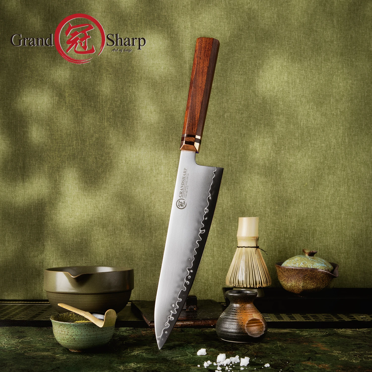 Grandsharp 8.5 Inch Kitchen Chef Knife with ZDP-189 High Hardness Steel Core 65-67 HRC and Africa Mkuruti Wood Brass Handle