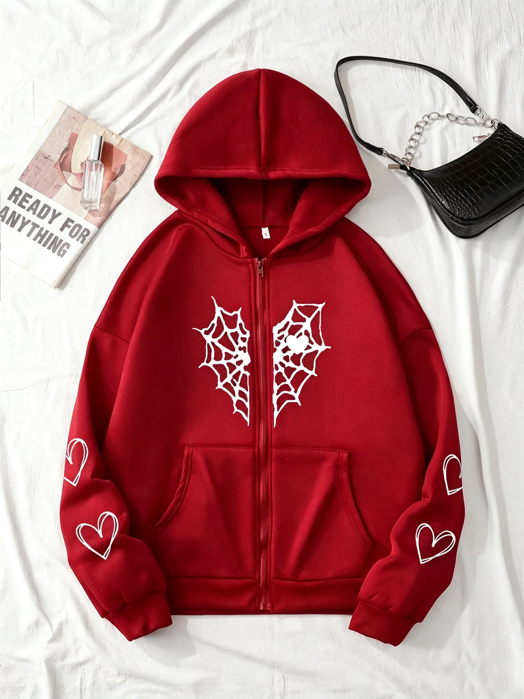 XUANSHOW Herbst Winter Lose Frauen Hoodies Gothic Harajuku Y2k Kleidung Spinne Web & Herz Druck Zip Up Thermische Strickjacke Mantel – Detail 9