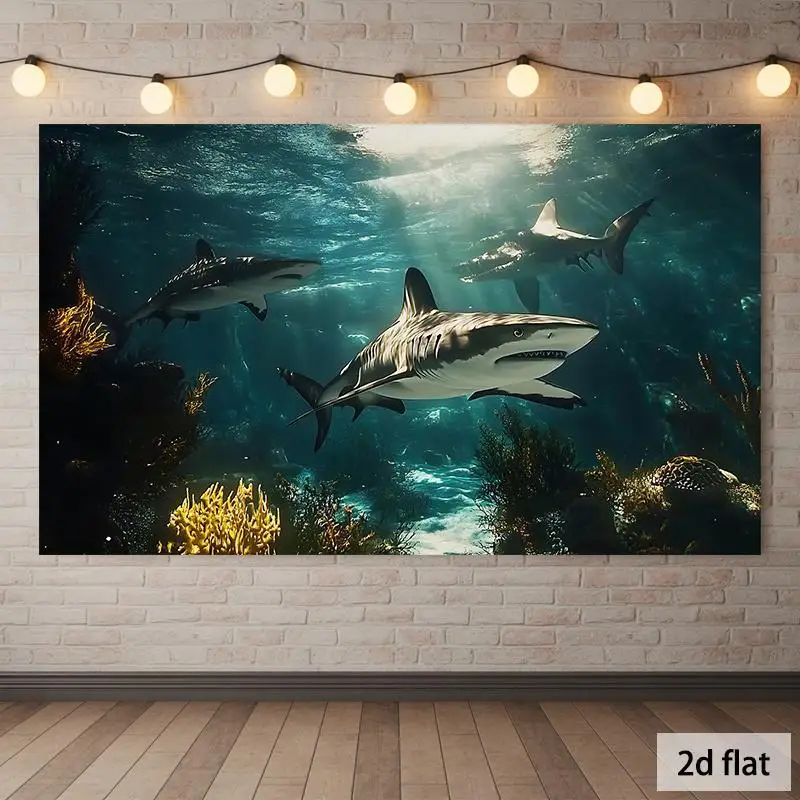 2D Flat, 1pc Three Sharks Swimming in Sunlit Ocean Wall Hanging Banner - Horizontal Marine-Themed Shark & Coral Reef Decor, Dura