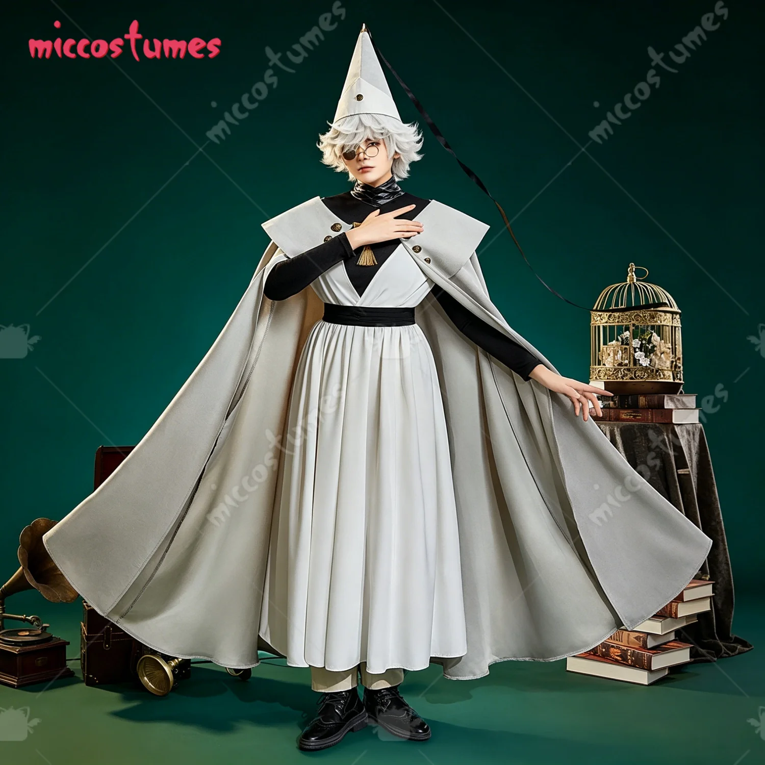 【Versandbereit】Miccostumes Hexenhut Beige Cosplay-Kostüm Kleid und Umhang mit Futter und Gürtel für Halloween