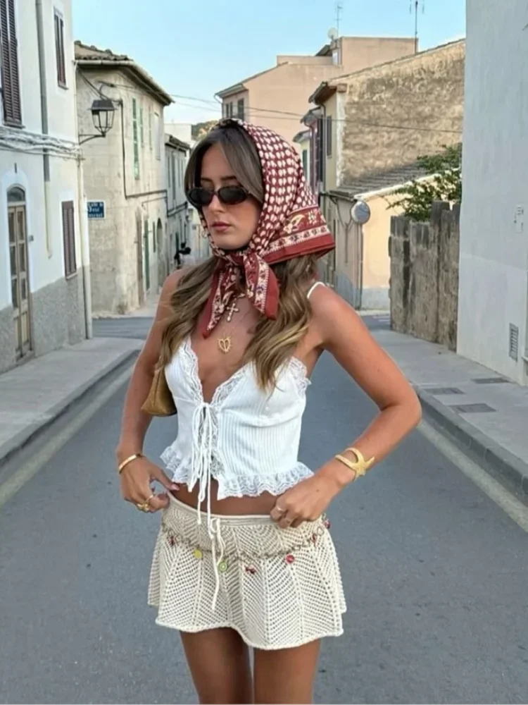 

Women's White Lace Camisole Sexy Fashion Trim Ribbed Deep V Neck Lace Up Cropped Tank Vest Women Casual Streetwear Tops 2026 New
