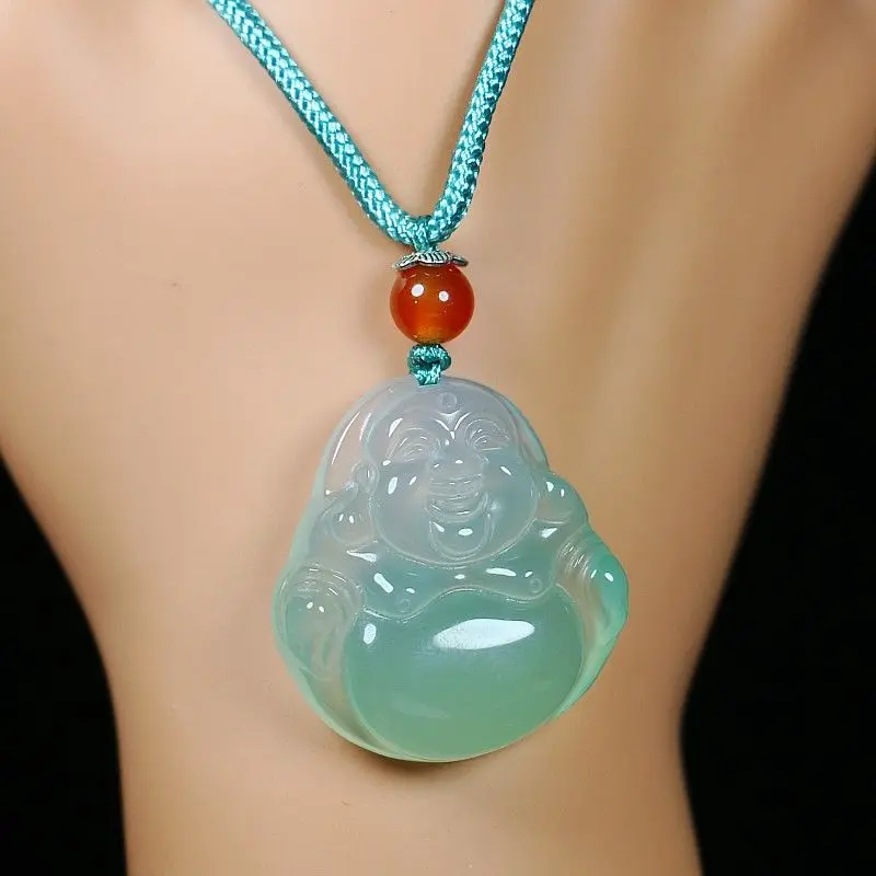 Natural Jade Agate Chalcedony Ice Transparent Green and White Two-color Buddha Pendant Women's Fashion Temperament Necklace