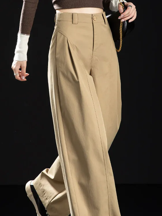Khaki Wide Leg Pants Women's Summer New High Waist Slimming Loose Straight Casual Floor-Length Trousers Draping Effect