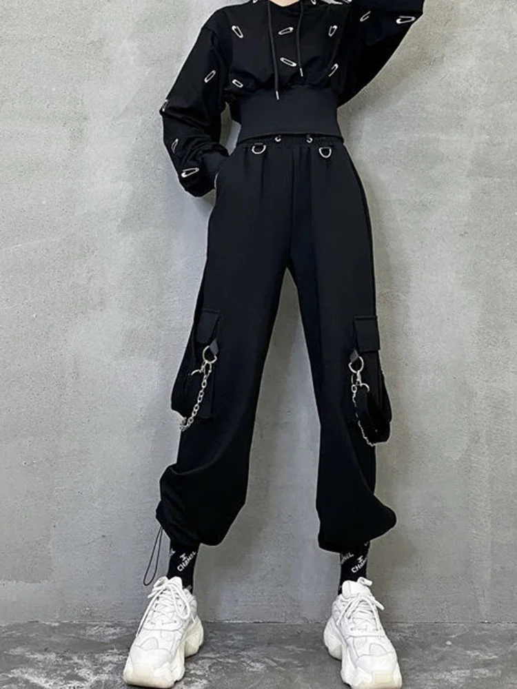 Women Cargo Pants Fashion Chain Gothic BF Sweatpants Black Elastic High Waist Streetwear Female Hip Hop Trousers XT1345