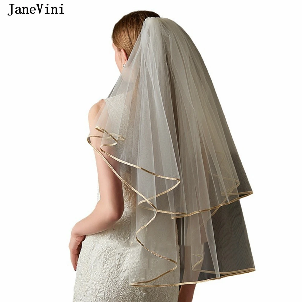 JaneVini 2024 Elegant Off White Short Bridal Veils with Comb Two Layers Champagne Edge Soft Tulle Veil Wedding Bride Accessories