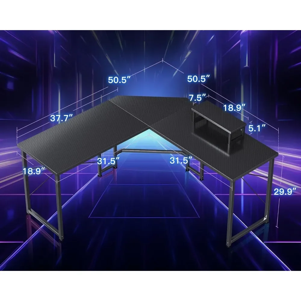 Biurko do gier w kształcie litery L ze stojakiem na monitor, narożny stół do gier do domowego biura, do małej przestrzeni, 51-calowy, czarny