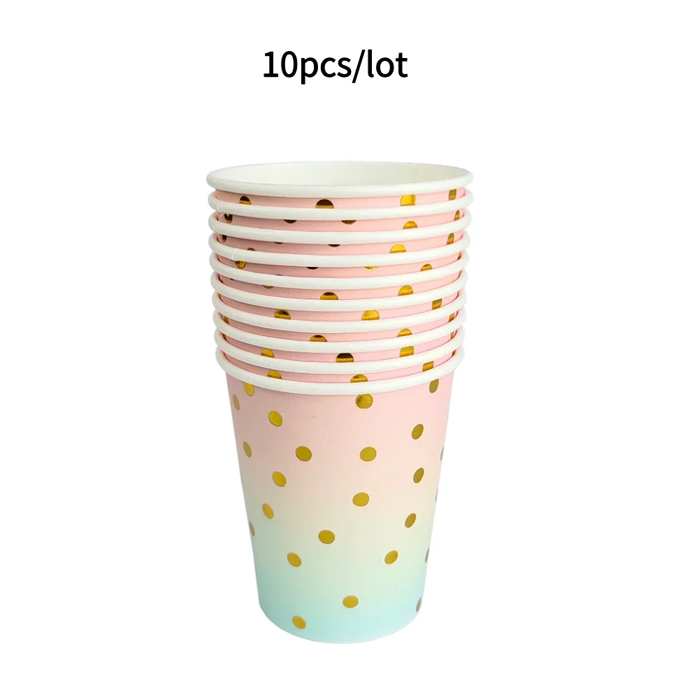 10PCS Farbige Pappbecher Gold Dot Rosa Blau Einwegbecher Hochzeit Geburtstag Party Einweggeschirr Einweg Pappbecher Set – Detail 12
