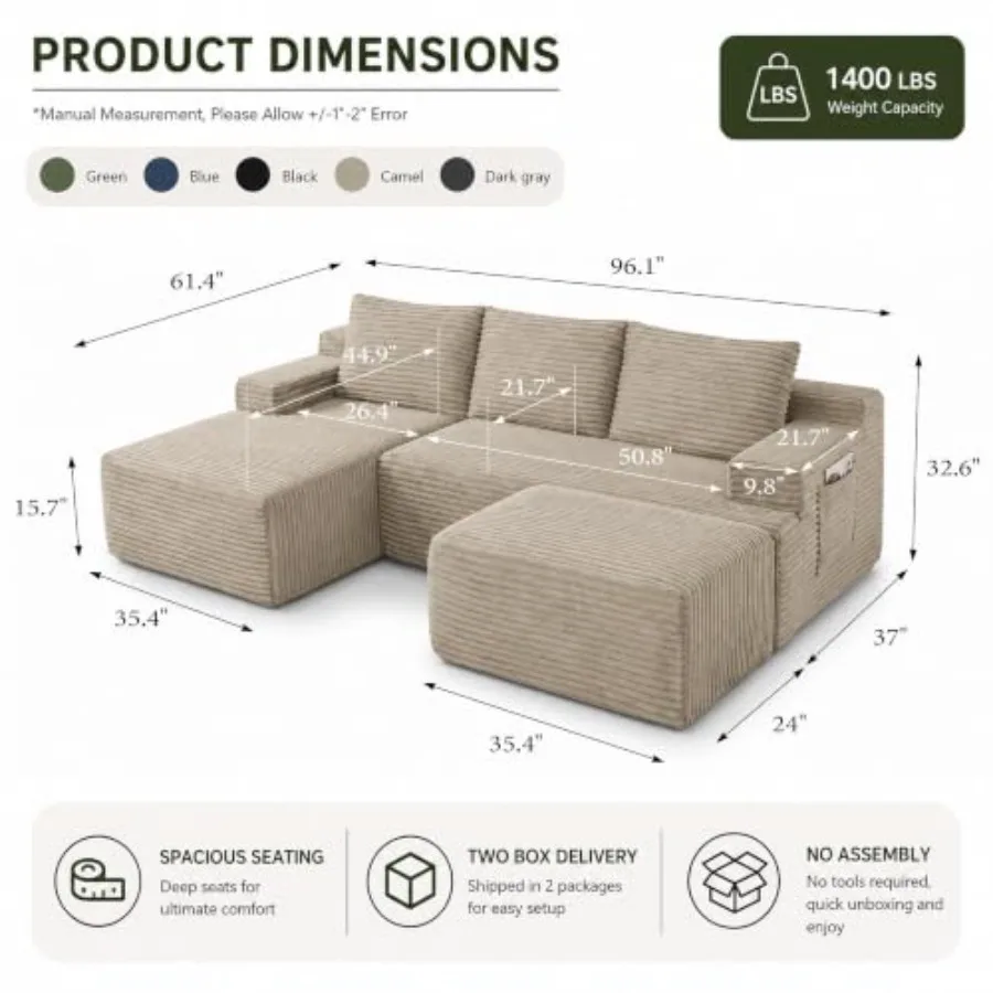 Living room modular U-shaped boneless couch with deep seat, fluffy corduroy upholstery, beige color, ultra-comfortable cloud-li