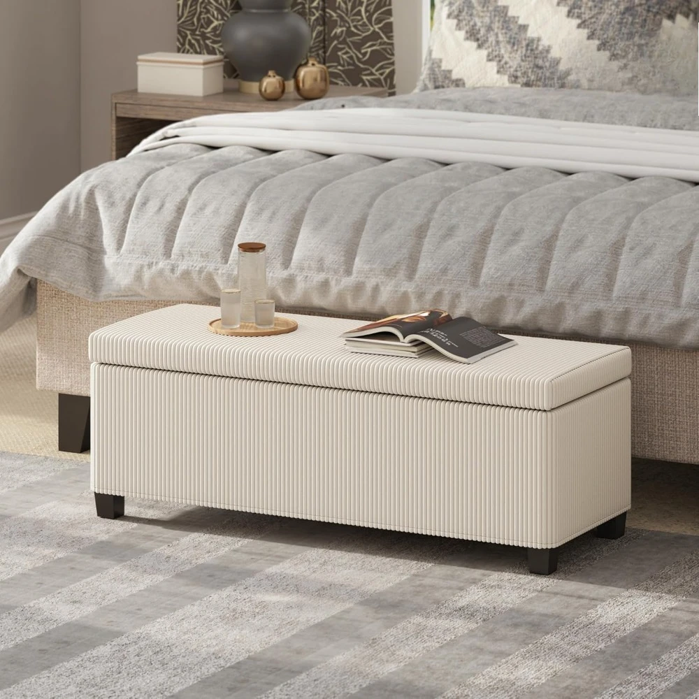 

44 Inches Storage Ottoman Bench, Foot Rest with Removable Lid, Legs, End of Bed Bench, Corduroy Storage Chest, Customized