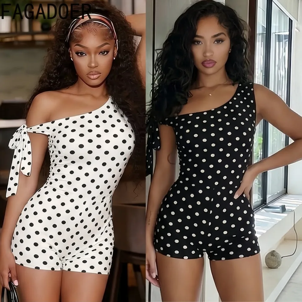 

FAGADOER Sexy Off-Shoulder Bodycon Rompers for Women Polka Dot Print Patchwork Backless Jumpsuits Female Streetwear Overalls New