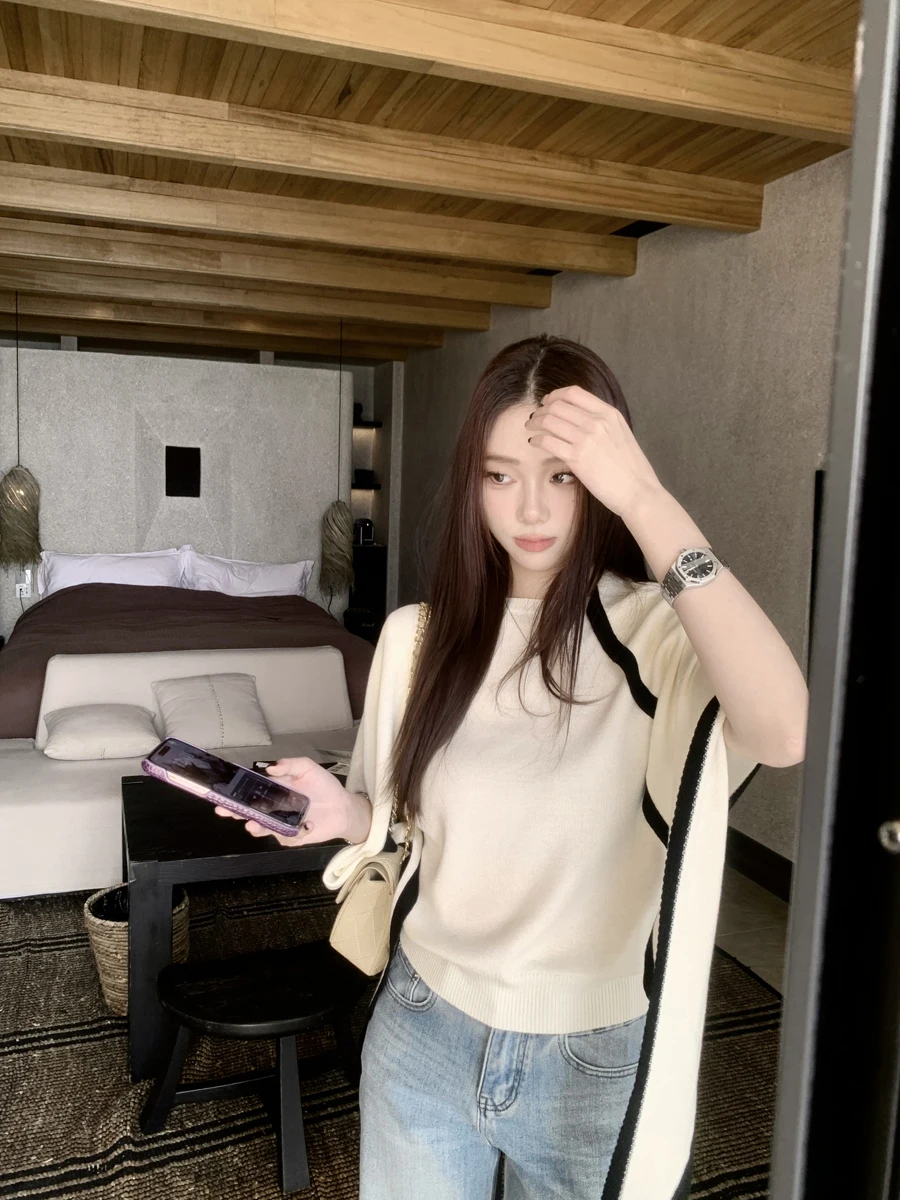 

Spring Early Silk Woolen awl Top Set Loose ort Sve round Ne Women's Knittedwear Casual Sle B-Class Se
