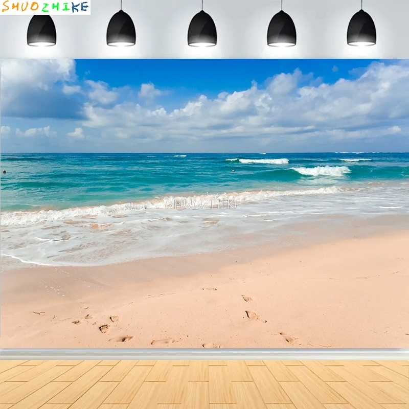 Tropical Beach Sea Ocean With White Cloud Blue Sky Photography Backdrops Sandy Palms Trees Island Maldives Background BU-04