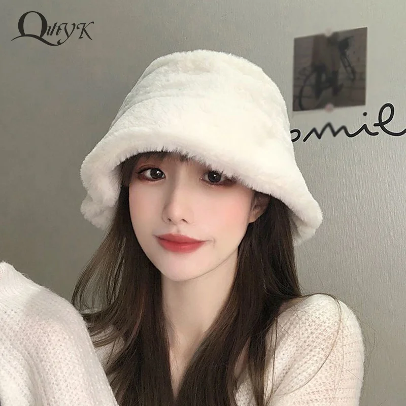 Soft Winter Plush Warm Bucket Hat For Women Girl Solid Color Fordable Wide Brim Panama Cap Outdoor Windproof Tour Basin Hats