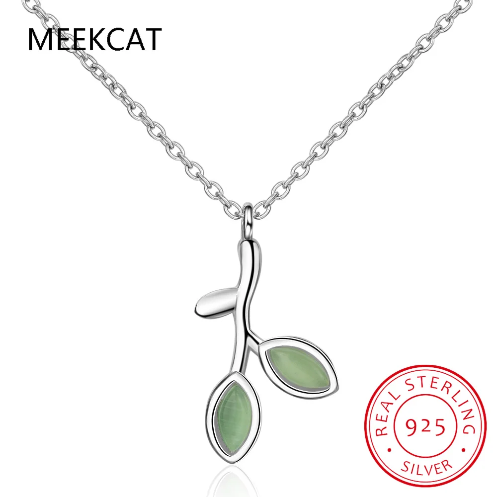 Olive Branch Leaves Green Enamel 925 Sterling Silver Bud Leaf Pendant Necklace for Women Fashion Statement Gemstone Jewelry