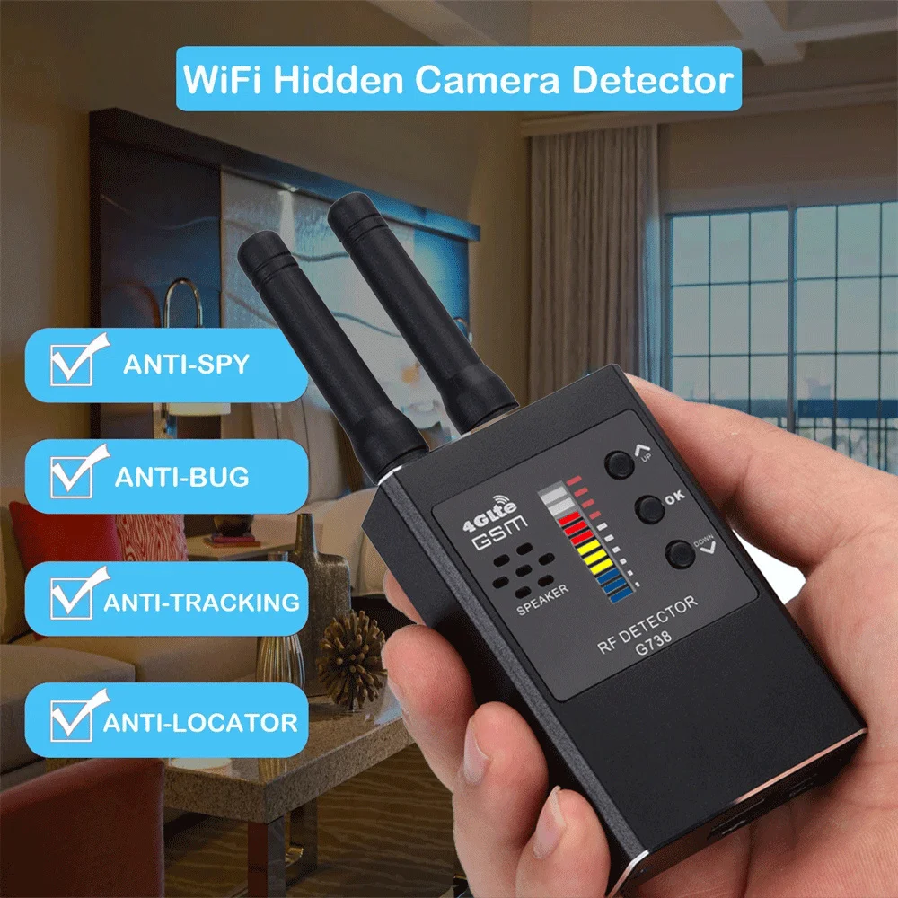 

Anti-Spy Wireless RF Signal Automatic Detector Spy-Camera Detect GSM Audio Device Finder Bug Signal Car GPS Tracker Scanner G738