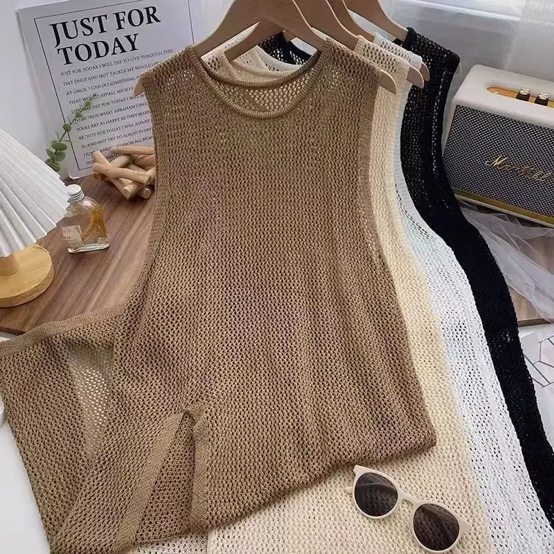 New Summer 2024 Hollowed Out Knitted Midi Dress Grid Sleeveless O-neck Vest Simple Causal Office Lady Sunscreen Clothing