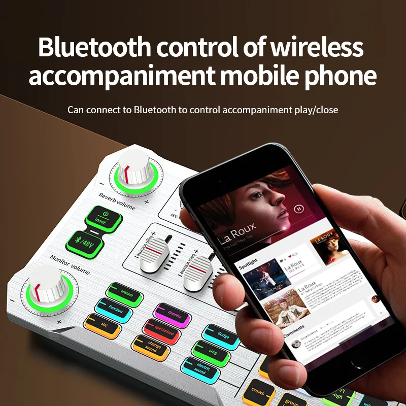 마이크 믹서 디지털 오디오 인터페이스 팟캐스트 블루투스 사운드 카드 팟캐스터, 전화 컴퓨터 PC용, 노래방 녹음용, 48V