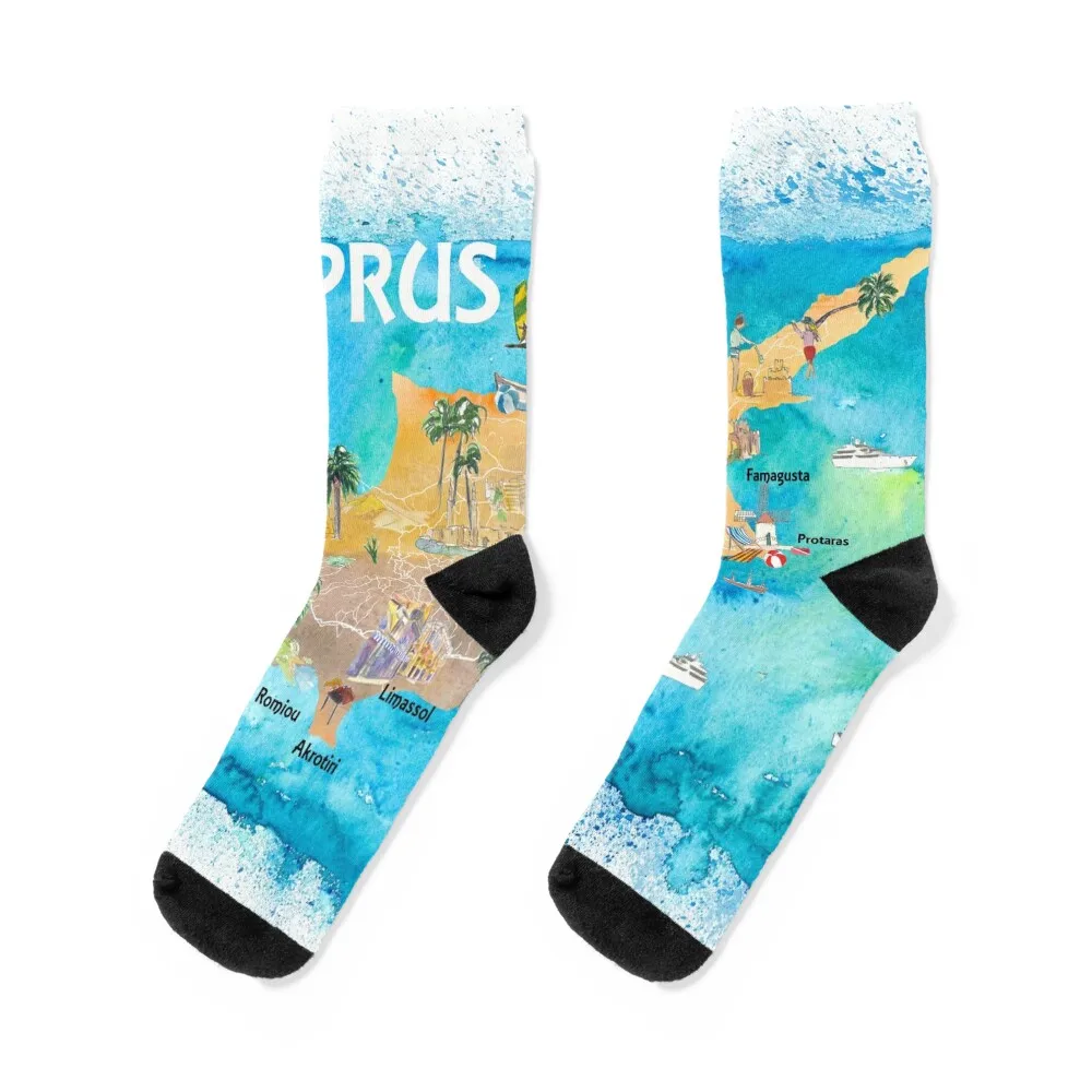 Cyprus Illustrated Map with Main Roads Landmarks and Highlights Socks Novelties short Socks Woman Men's