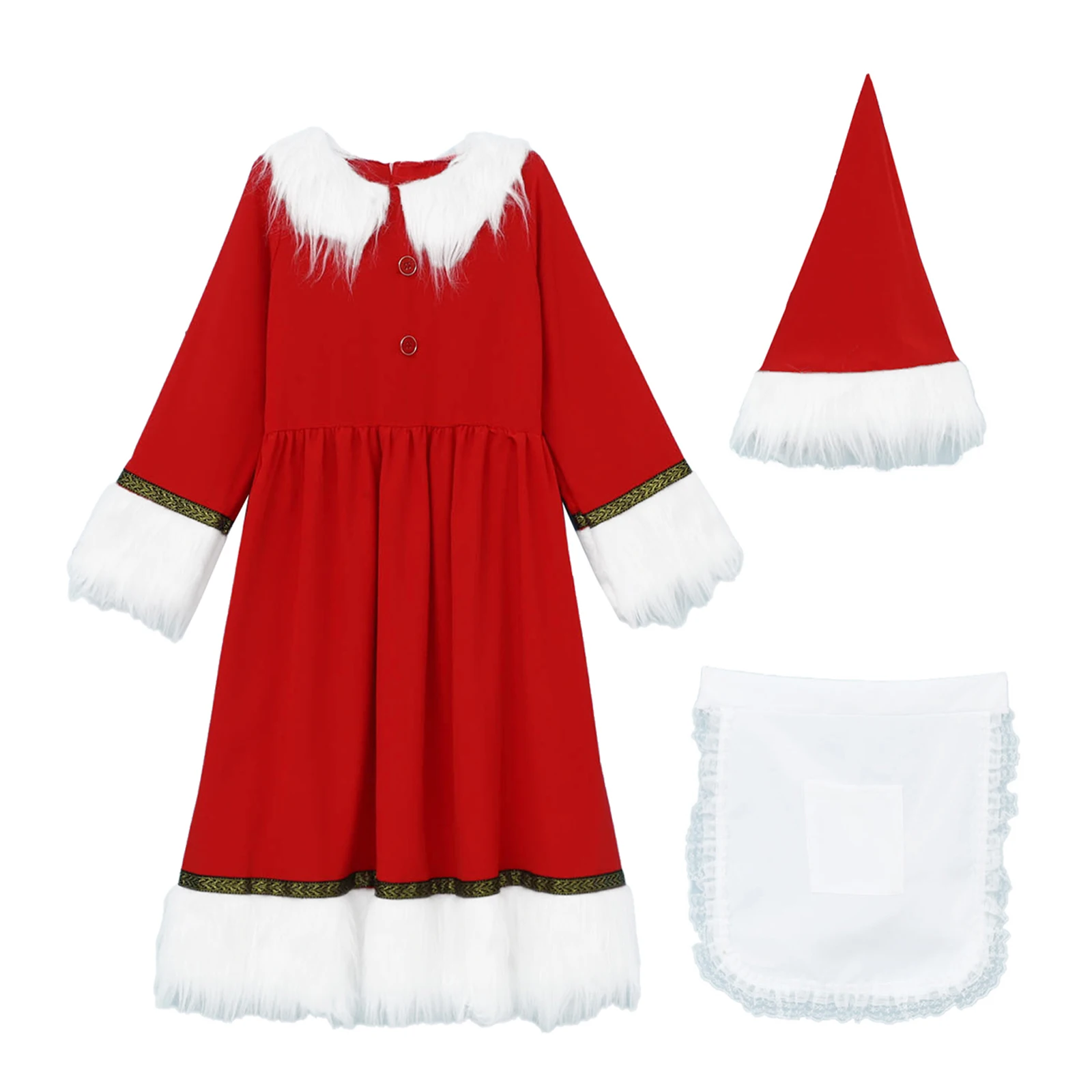 أطفال بنات سانتا كلوز زي عيد الميلاد تأثيري فستان البدلة كم طويل زر تكدرت فستان أحمر مخملي مع قبعة المئزر وتتسابق #5