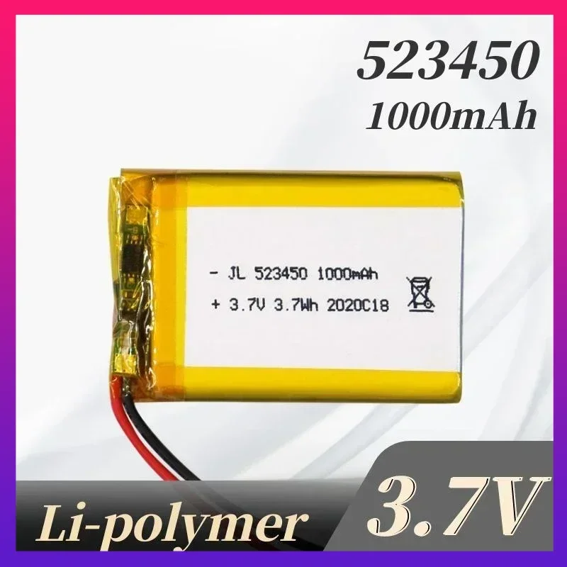 

523450 3.7V 1000mAh Polymer Lithium Battery Jst PH 2.0mm 2pin Plug for Electric Beauty Instrument Bluetooth Headset Speaker