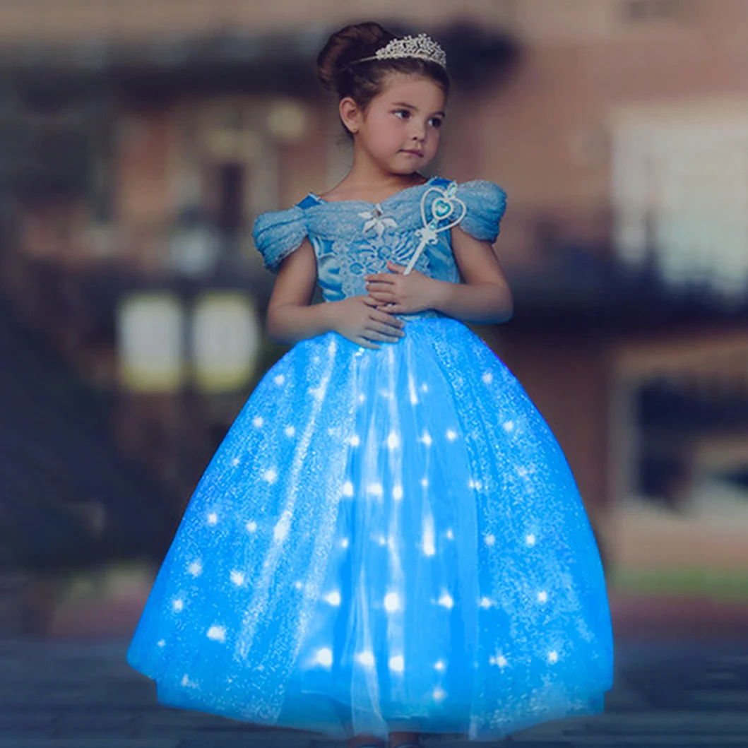 Uporpor Girls Sleeping Beauty Aurora Cosplay LED Dress Short Sleeve Off Shoulder Kid Christmas Gift Fancy Party Princess Costume